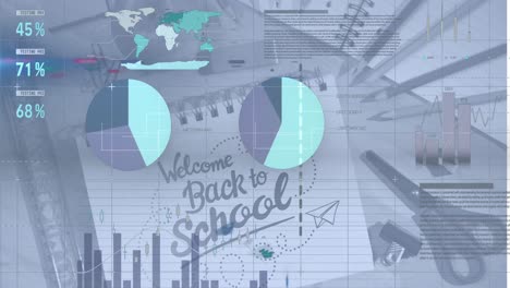 animación del procesamiento de datos sobre el texto de regreso a la escuela y los elementos escolares