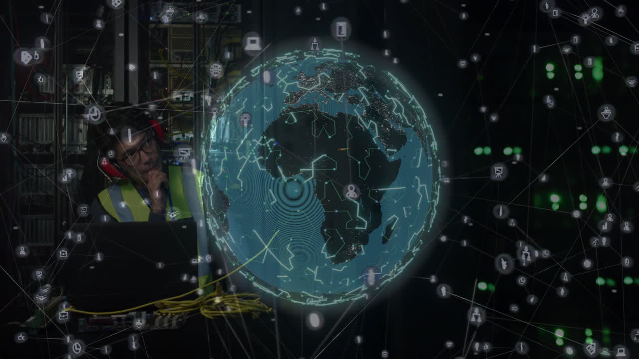 Animation of globe with connections over computer server
