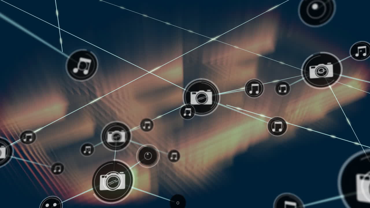 멀티미디어 아이콘과 연결 네트워크 애니메이션을 흐릿한 배경으로