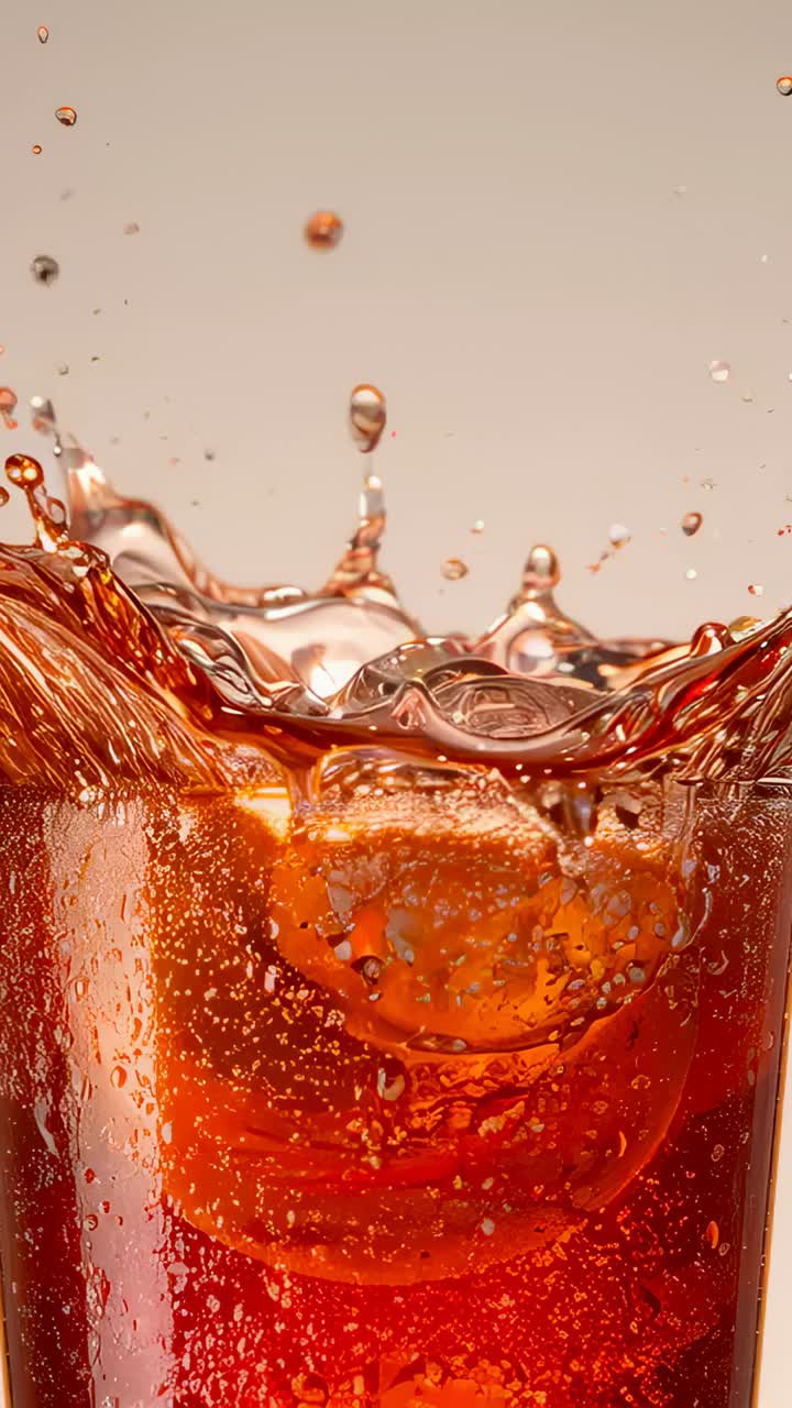 Vertical video: Dropping spherical ice ball creating splash in tall glass close-up, with bubbles