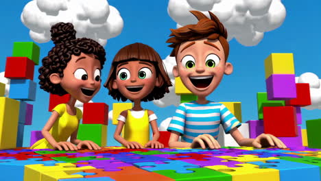 happy animated children playing with colorful blocks and puzzle