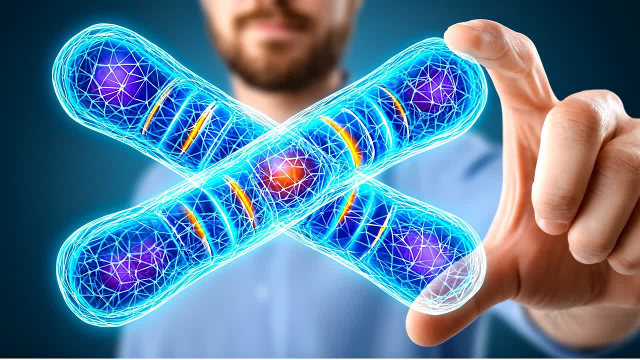 Mano interagisce con la struttura del DNA in laboratorio. Una persona tiene una rappresentazione digitale del DNA mentre lavora in un ambiente di laboratorio. L'attenzione è sulla scienza genetica.