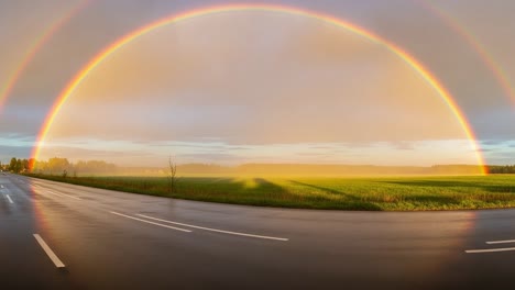 a beautiful double rainbow arching across a serene landscape after rain, displaying vivid colors against a backdrop of mist and lush green fields