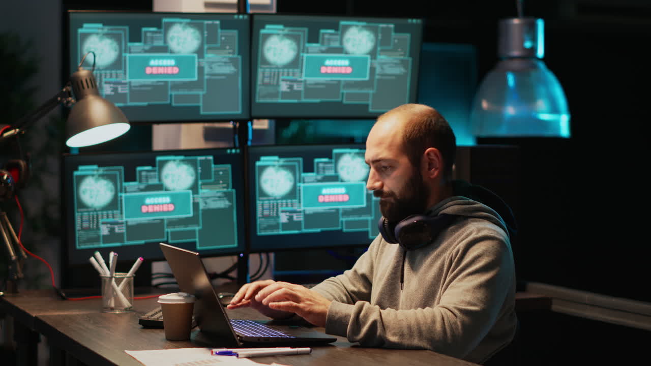 Man working on cybersecurity with multiple monitors