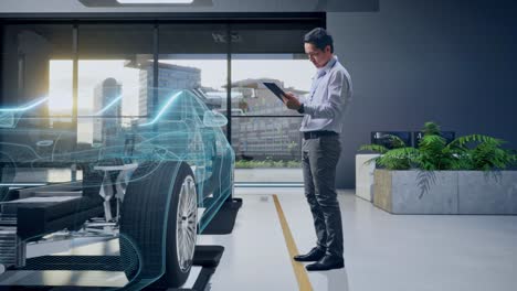 ingeniero automotriz revisando el diseño digital del chasis del automóvil