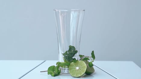 shining glass with mint leaves stands on white table