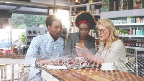 animation of wave of changing numbers over diverse coworkers sharing ideas in cafes