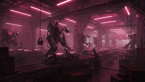futuristic factory environment featuring advanced robots engaged in industrial production with atmospheric neon lighting and high-tech machinery