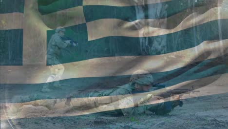 animation of flag of greece over diverse soldiers firing with guns while running and lying on ground