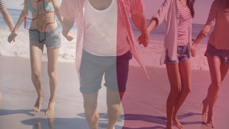 holding hands and running on beach, animation of flag over group of people