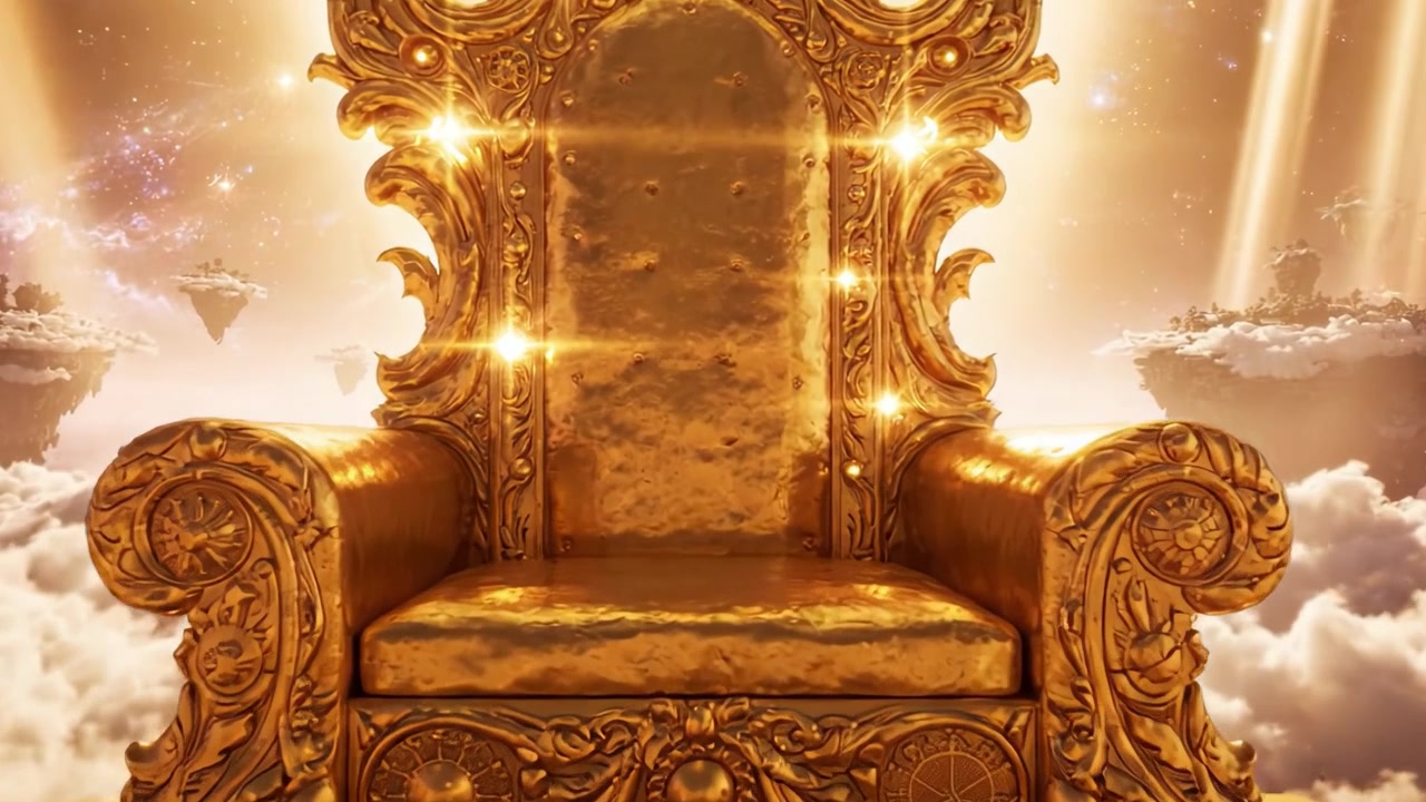 In einem verträumten, ätherischen Reich thront ein opulenter goldener Thron auf einem Wolkenmeer, gebadet in strahlendem Licht, symbolisierend Macht, Majestät und eine jenseitige Präsenz