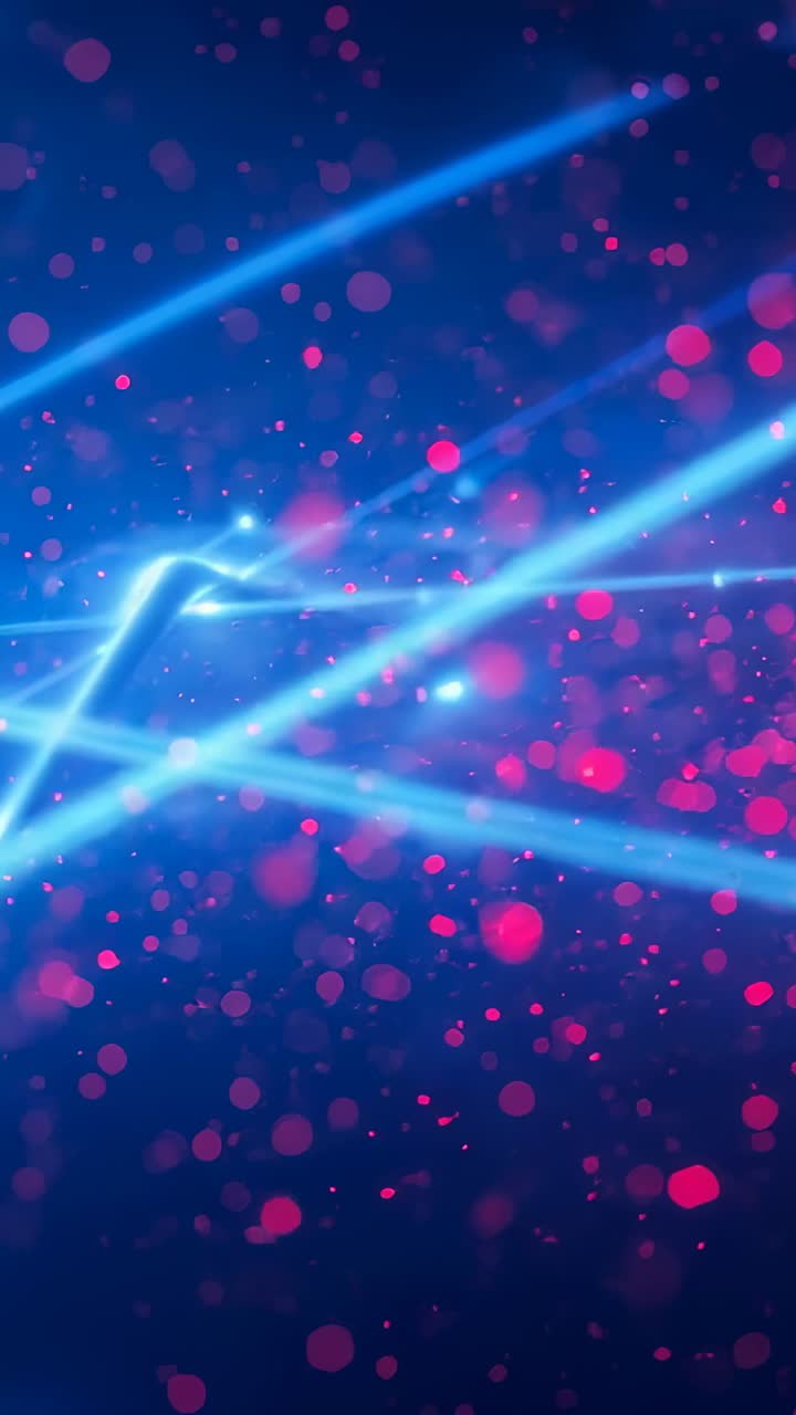 Vertical video: Emerging neon blue beams sliding across digital backdrop with magenta dots swirling