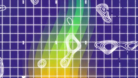 animation of abstract pattern on grid pattern over multicolored lights against blue background