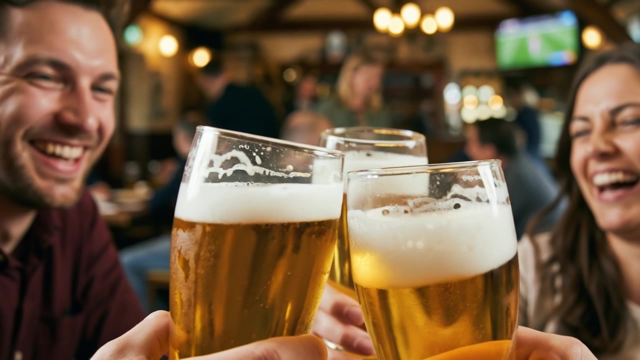 Gruppo di persone felici che brindano con bicchieri di birra dorata durante un incontro sociale in un pub