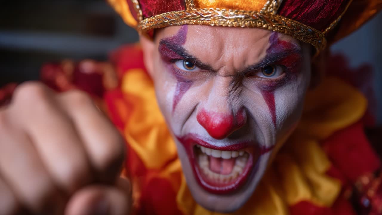 Angry Clown in Colorful Costume with Fierce Expression and Intense Stare, Clenching Fist and Displaying Emotion in a Dramatic Close-Up Frame Sequence