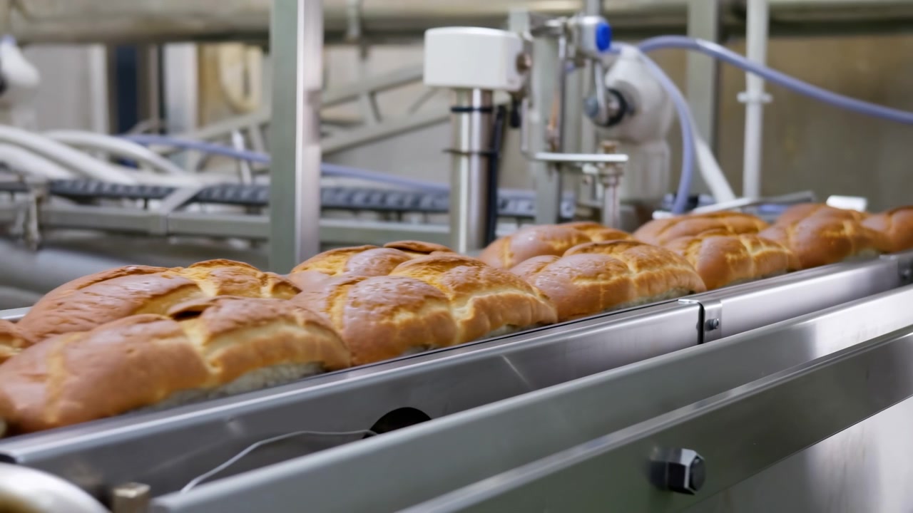 Low-angle close-up shows braided loaves advancing along stainless steel conveyor inside automated bakery production area, with glossy golden crust, clean machinery, and efficient repetitive movement