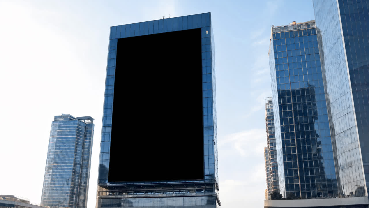 Digital billboard screen live mockup on office building animated overlay, transparent 4K video