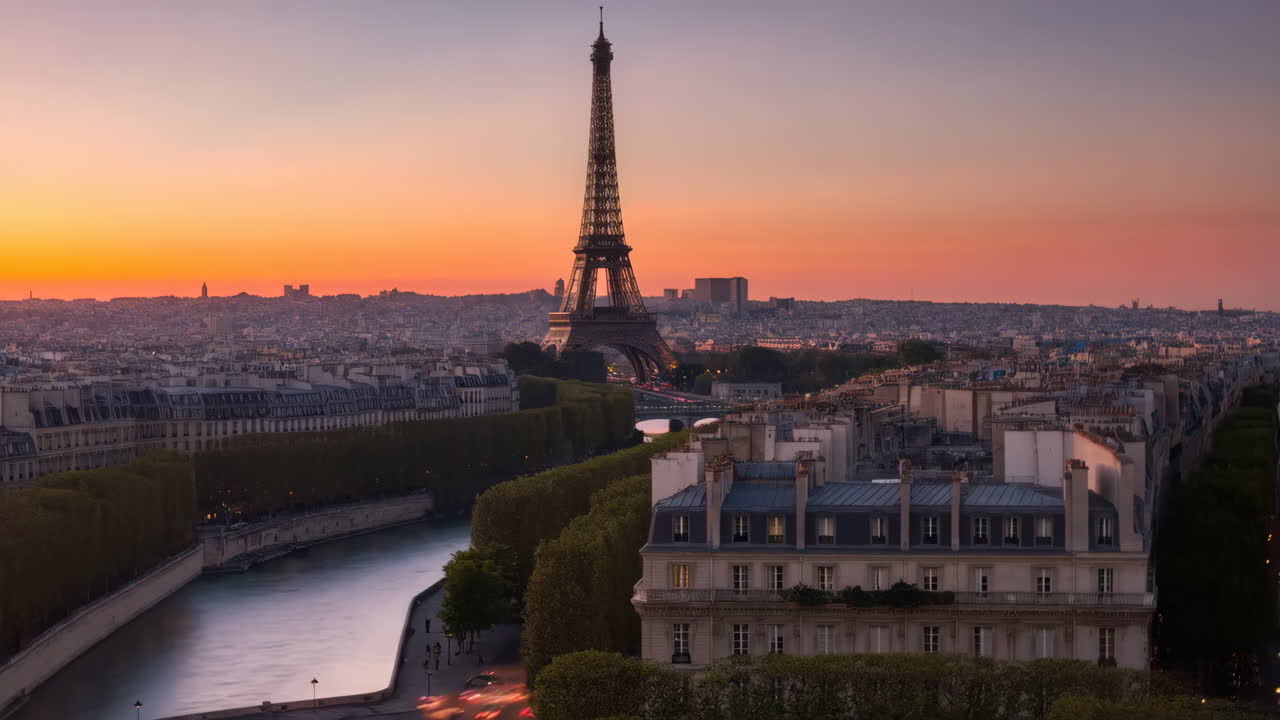 Eiffel Tower and Paris cityscape at sunset