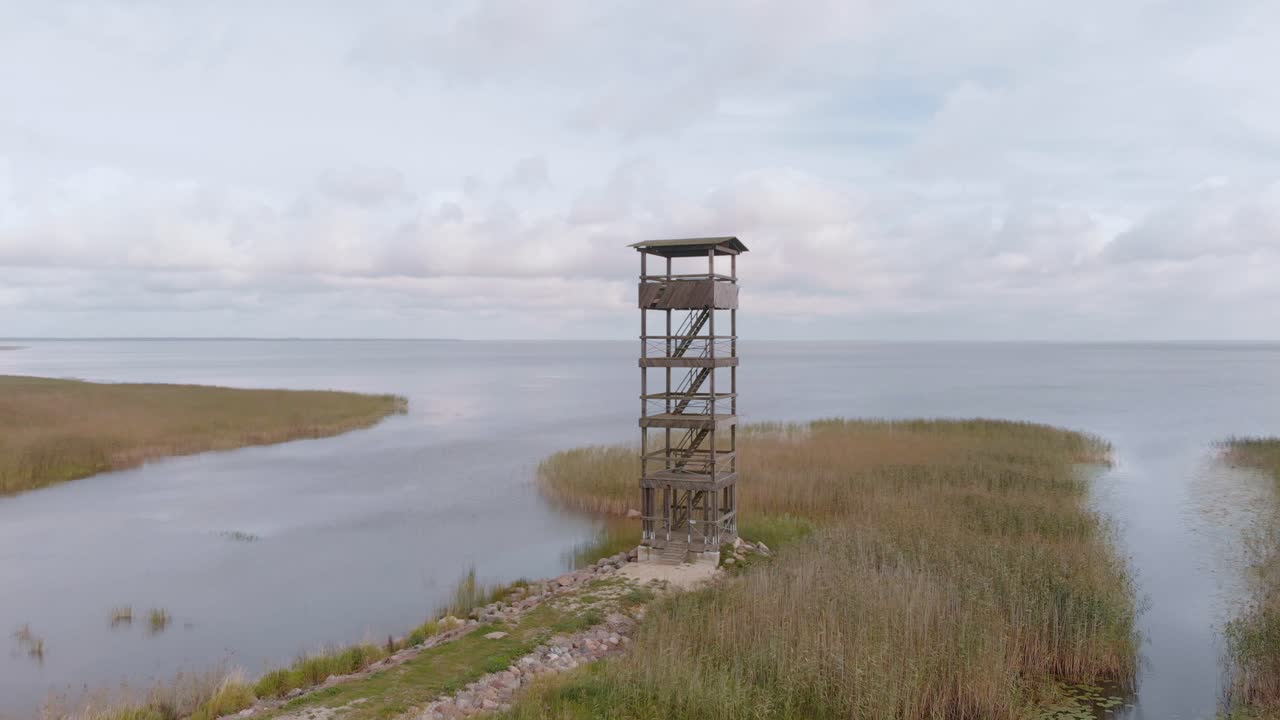 vista aérea escénica del lago estonio vortsjarv con torre de vigilancia, paisaje del norte de europa, círculo pan, día