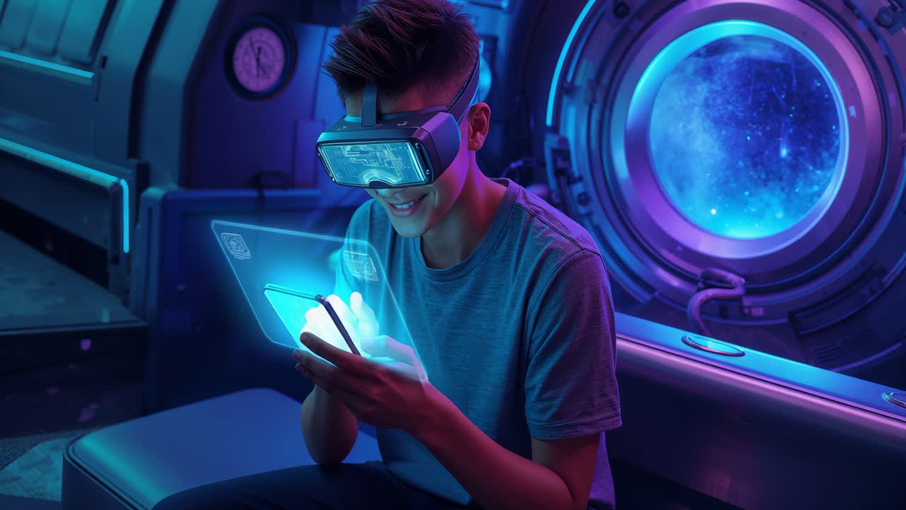 En person, der bruger VR-teknologi i en futuristisk rumindstilling