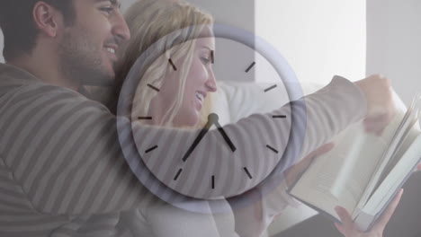 reading book together on couch, couple with clock animation in background