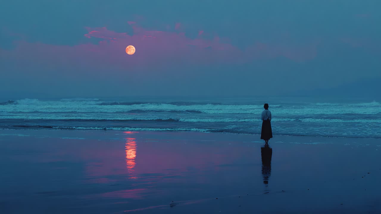 A Serene Evening by the Sea: A Contemplative Figure Stands at the Shoreline as the Full Moon Lights Up the Ocean and Reflects on the Water's Surface
