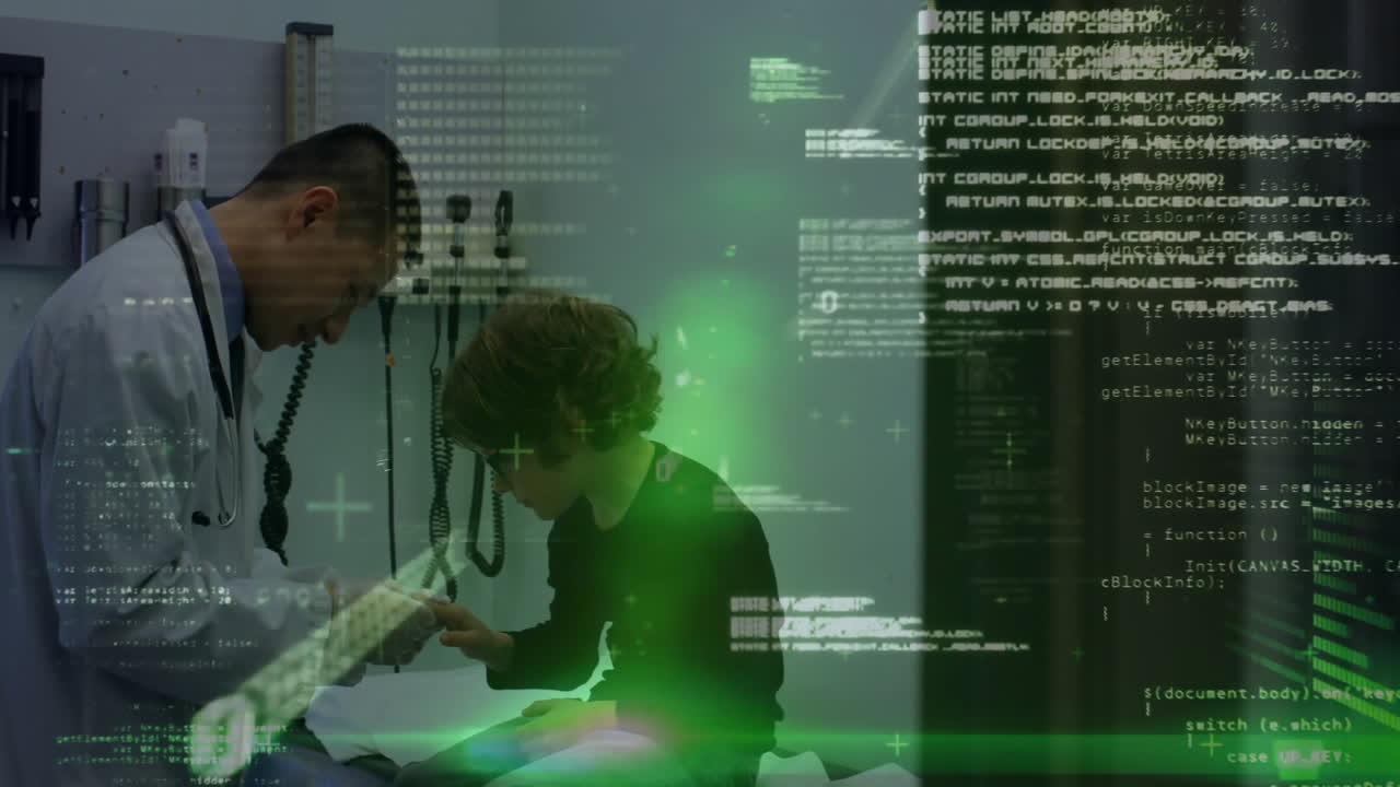 Doctor wearing gloves examining boy's fingertip in health clinic, green code overlay floating