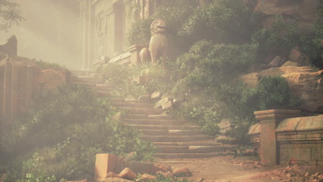 ancient temple ruins in a misty jungle