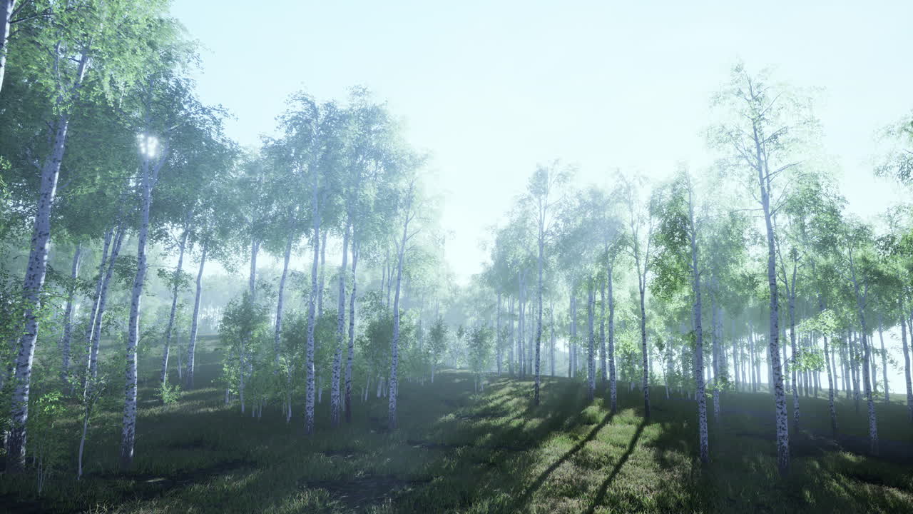Panorama of birch forest with sunlight