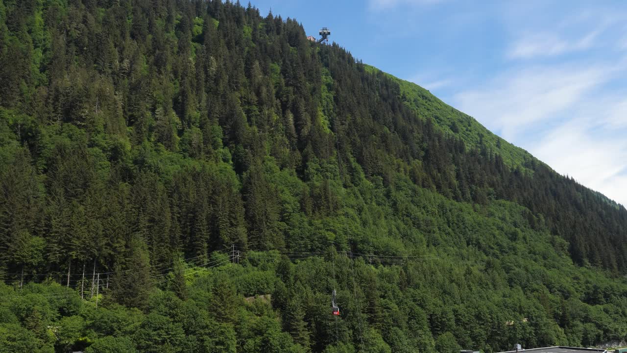 Goldbelt Tram cabin ascending to Mount Roberts. Sunny summer day in Juneau, Alaska.