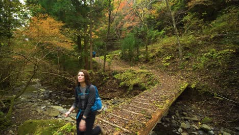 Estático,-Hembra-Cruza-El-Puente-Sobre-El-Arroyo-Con-Colores-Otoñales,-Sendero-Kumano-Kodo