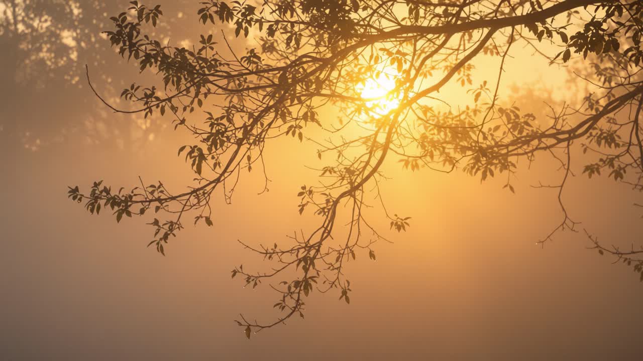 Captivating Sunrise Through Misty Branches: A Serene Nature Scene Highlighting the Beauty of Early Morning Light and Soft Fog