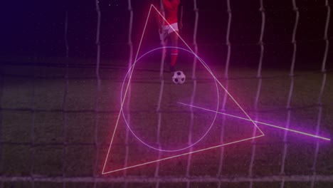 animation of neon shapes over african american football player kicking ball at stadium