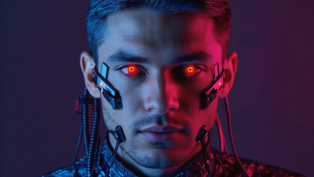Uomo cyberpunk con occhi rossi e impianti cibernetici