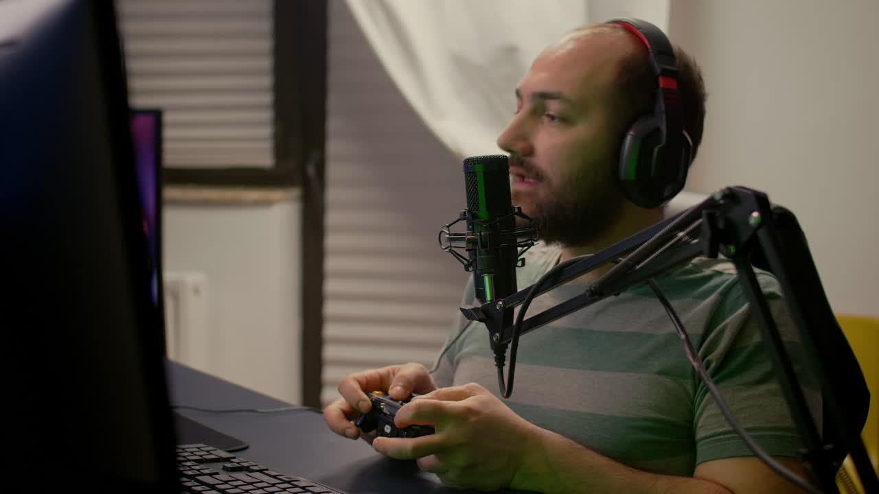 Close-up of pro streamer talking into professional microphone