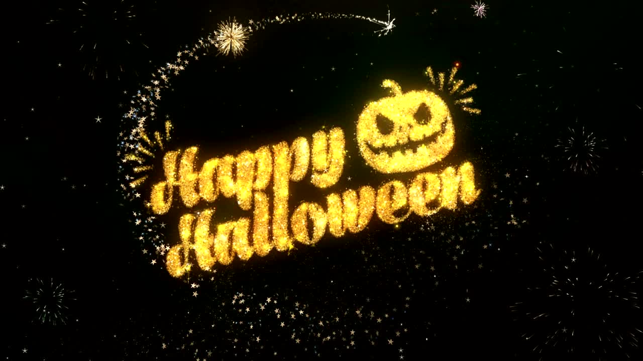 화려한 불꽃놀이 4k 배경과 함께 빛나는 어두운 밤 하늘을 빛내는 반이는 입자와 반이는 불꽃에서 만들어진 행복한 할로윈 인사 및 소원 카드.