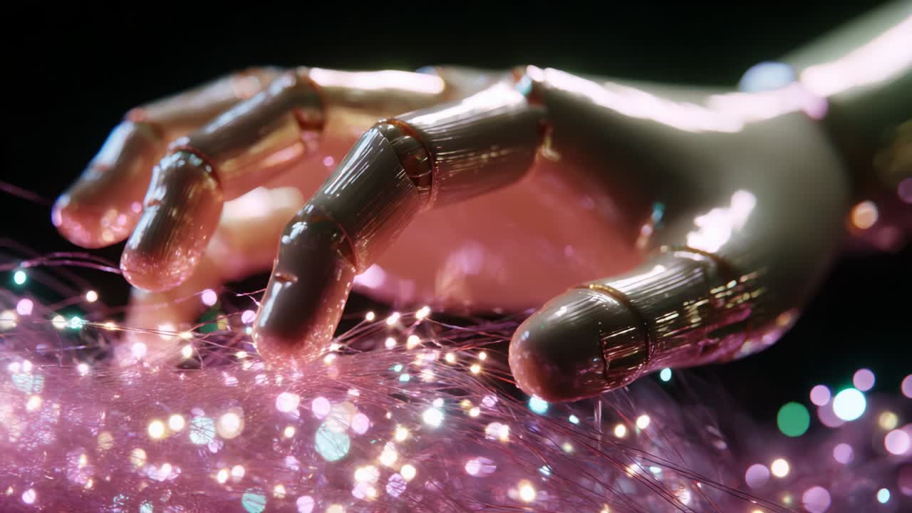 A Close-up View of a Futuristic Robotic Hand Gently Interacting with Glowing, Colorful Fibers, Representing the Intersection of Technology and Art in a Captivating Visual Harmony