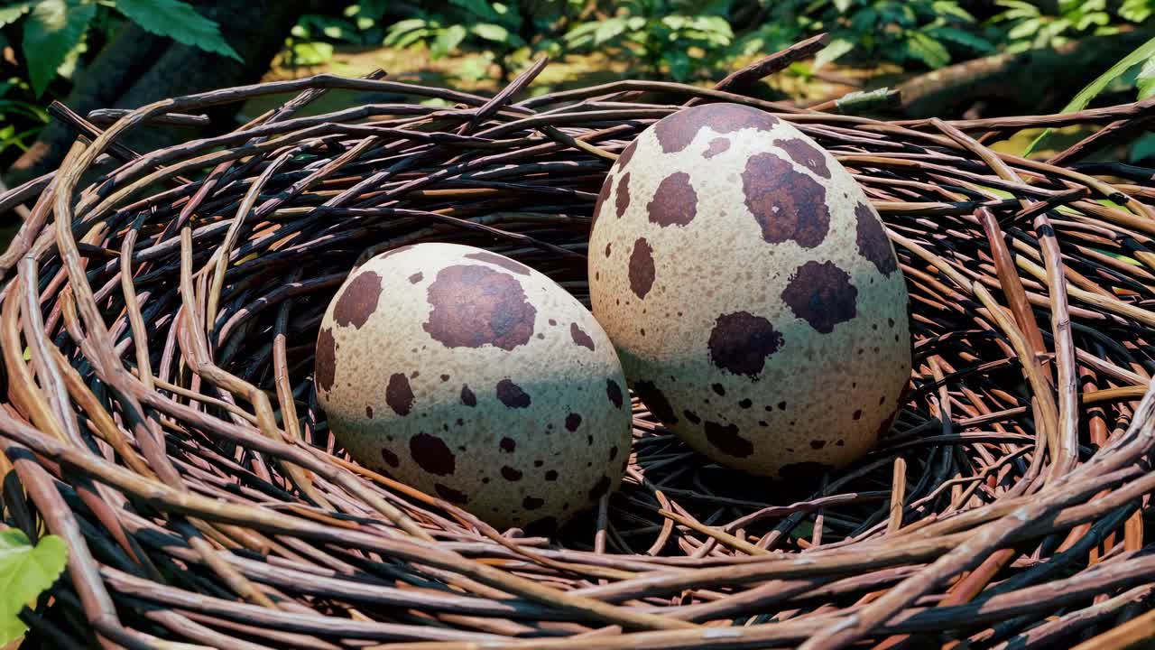 Close-up, top-angle view of two speckled eggs in a nest, showcasing nature's detail