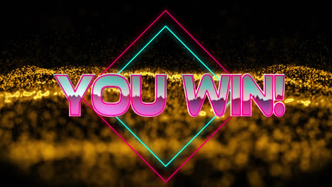 animation of you win text over geometrical moving shapes and orange wave