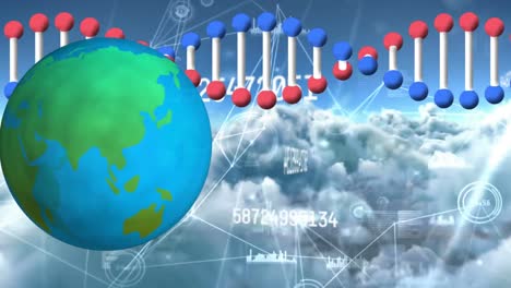 Animation-of-globe-and-dna-chain-on-cloudy-sky