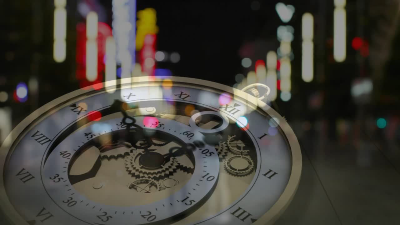On start double-exposure watch face rotating night neon blur sliding visualizing passage of time