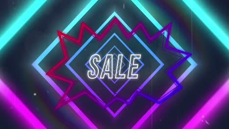 Animation-of-pink-and-blue-neon-geometrical-shapes-over-sale-text