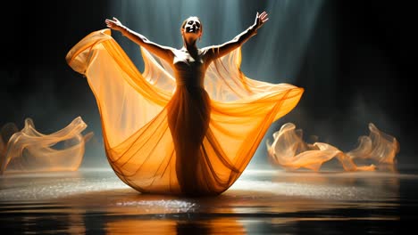 dancer performing with flowing fabric on water stage at night