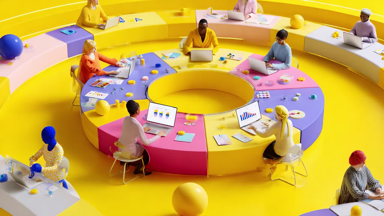 A Vibrant Workspace with Diverse Individuals Collaborating on Laptops in a Cheerful, Colorful Environment, Emphasizing Creativity and Collective Efforts in a Modern Workspace Design