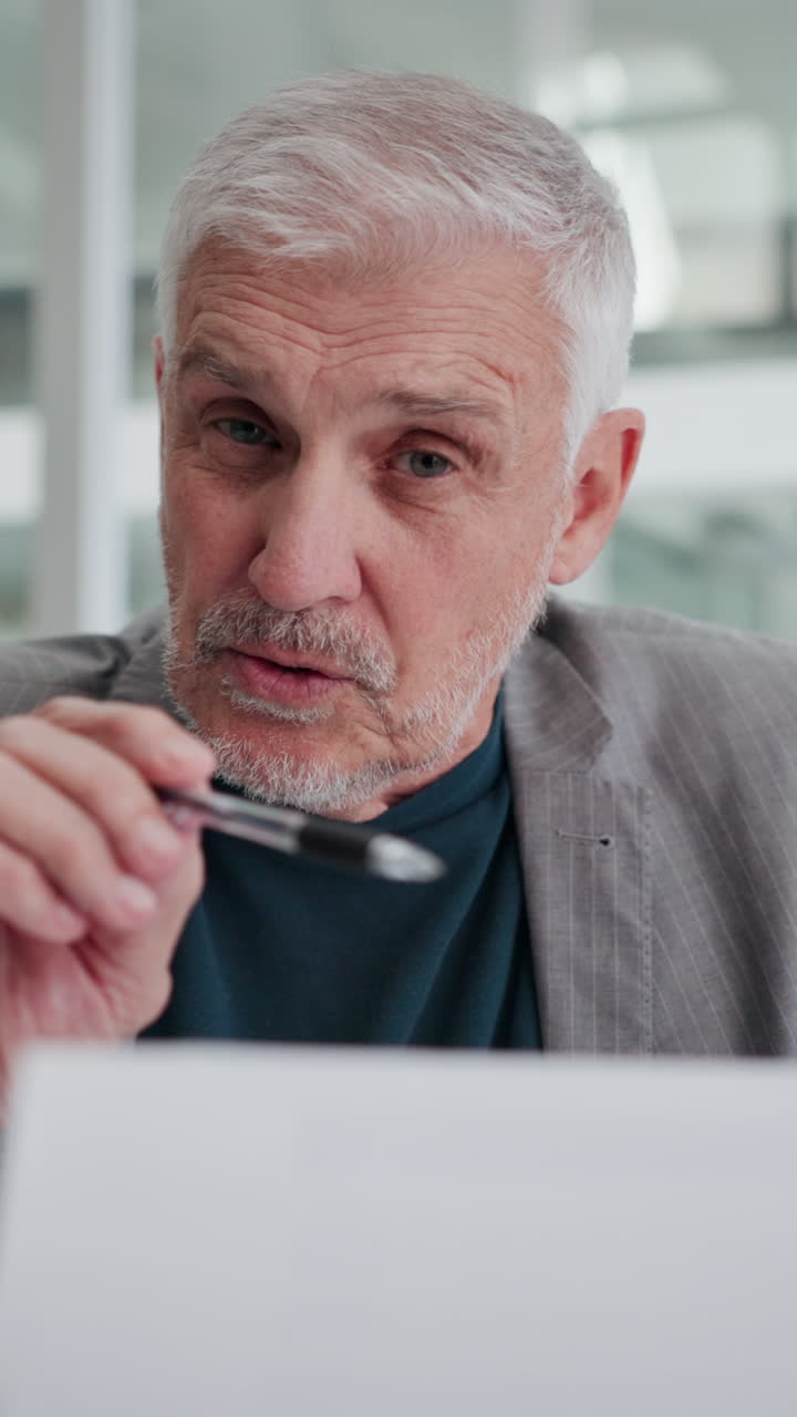 Senior Businessman Talking and Gesturing with a Pen in an Office