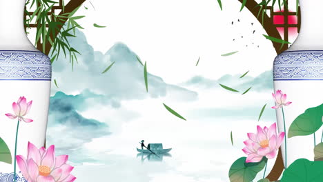 mysterious landscape china's traditional oriental digital art animation, chinese retro painting ink misty mountain with flowers, tree, birds, river in fog background