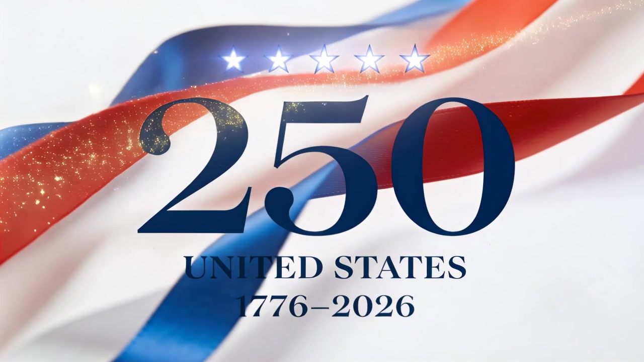 Iniciando reproducción, el título '250 US 1776-2026' revelándose en un estudio blanco, con cintas en honor al 250 aniversario.