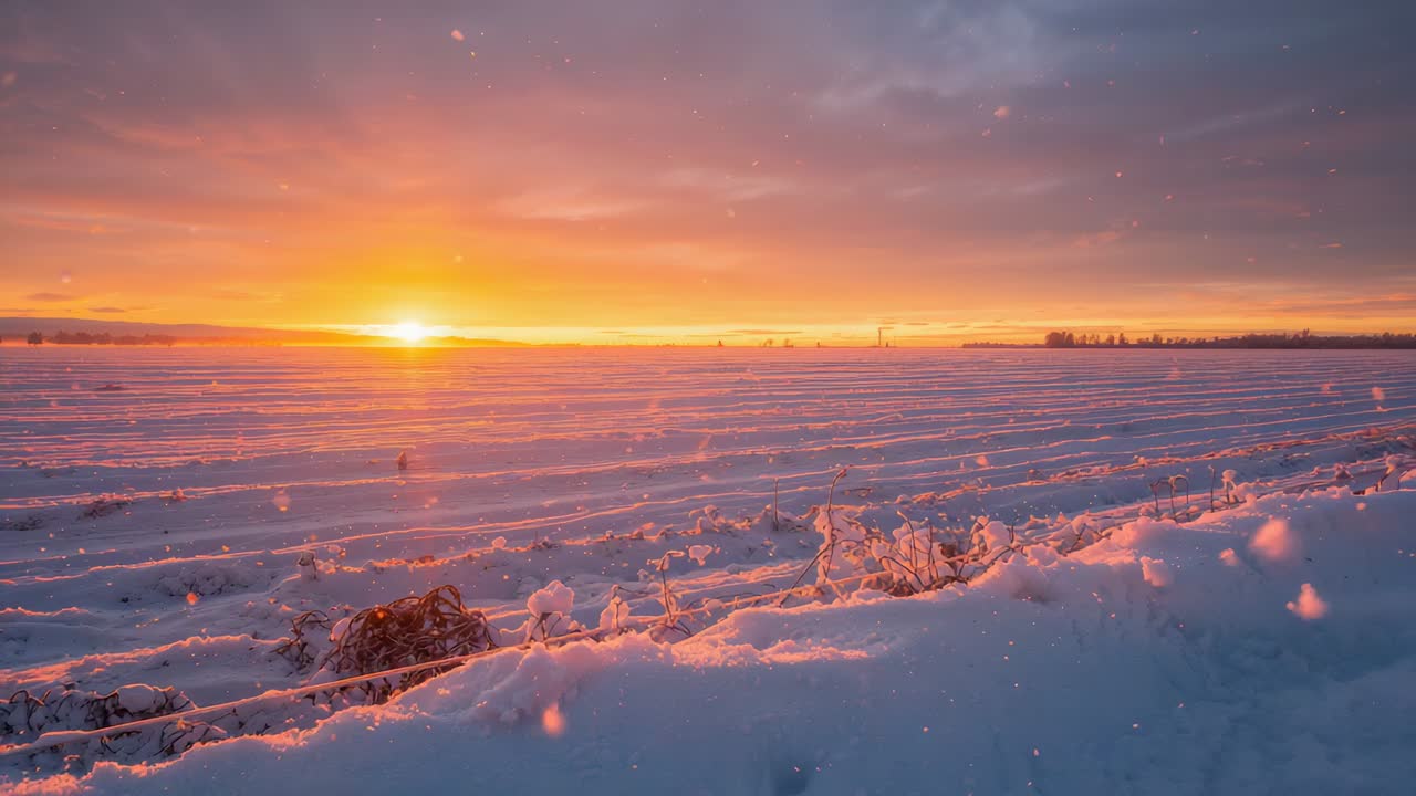 Breaking sun and snowy plowed field on open plain casting pink light across furrows and fence