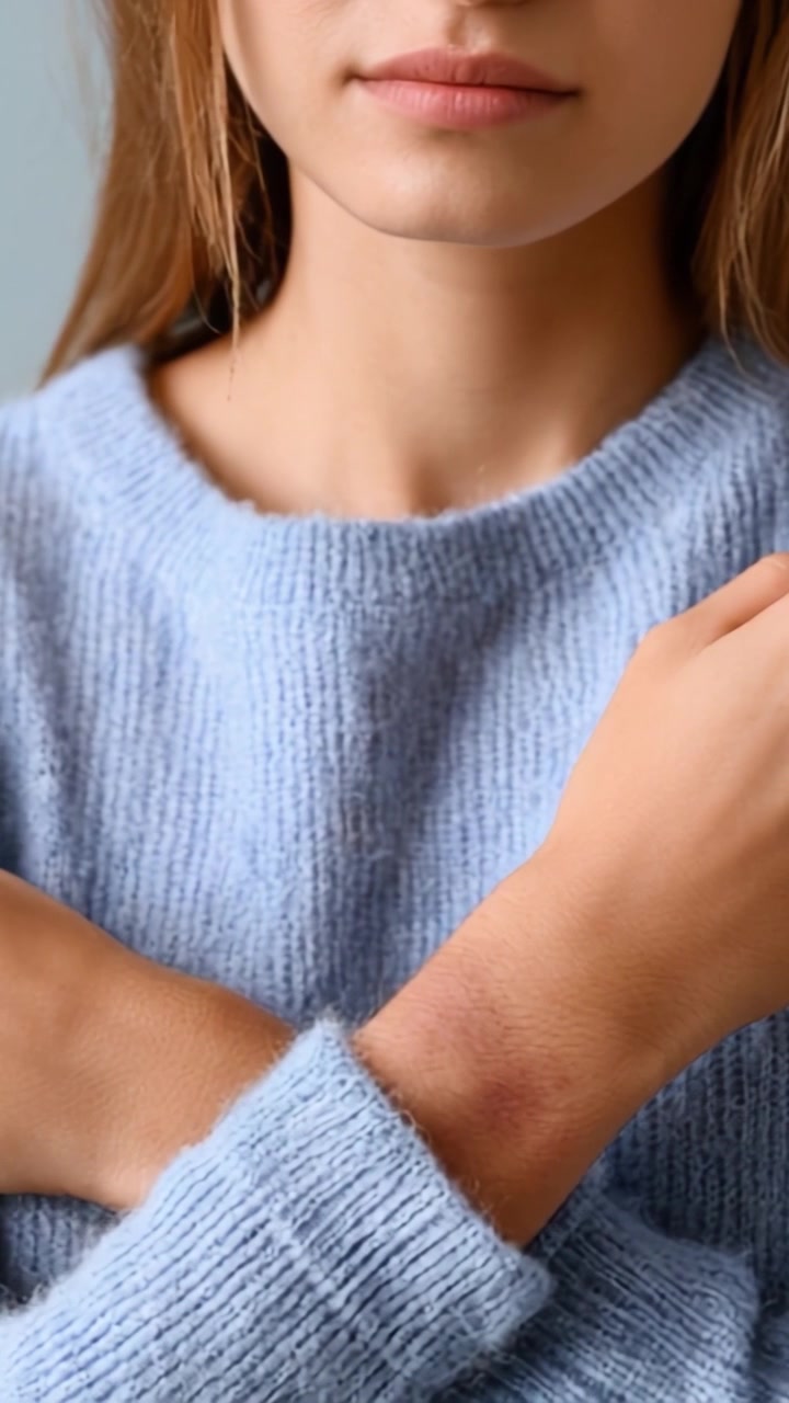 A close-up of a person's upper body, showcasing their gentle expression and a noticeable mark on their forearm, accentuated by the softness of their cozy blue sweater.