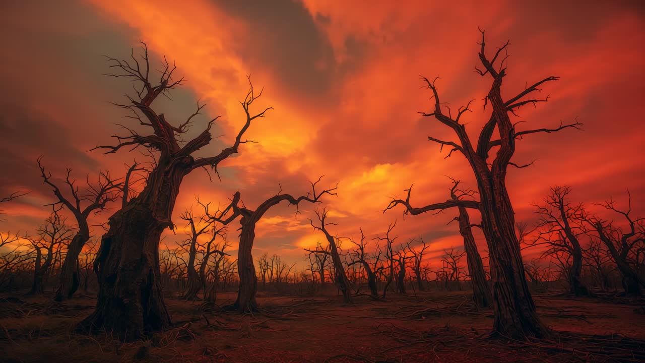 Opening camera capturing dead trees clustering in forest at dusk, clouds shifting under fiery sky